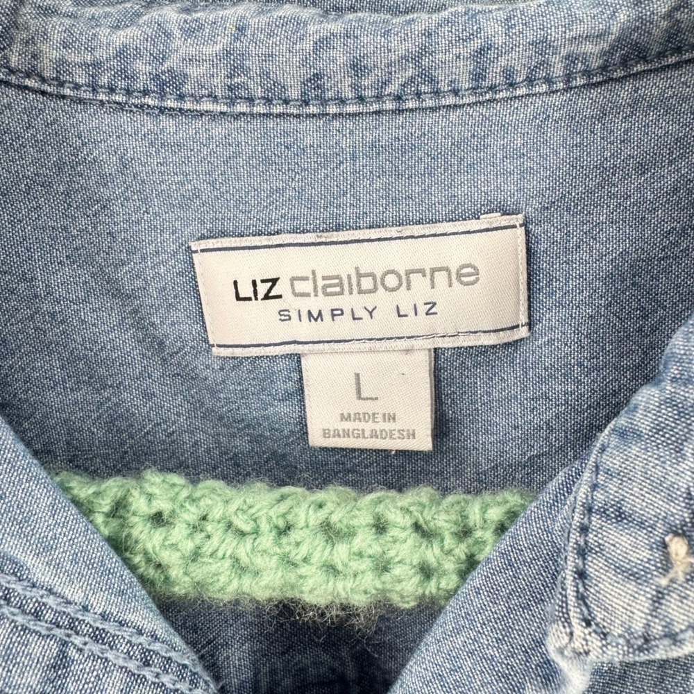 Liz Claiborne Simply Liz Button Down Denim Blue L Organic Cotton Chambray Top - Picture 3 of 7